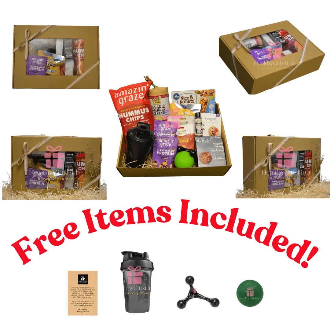 Free items included with rustic gift box of healthy snacks