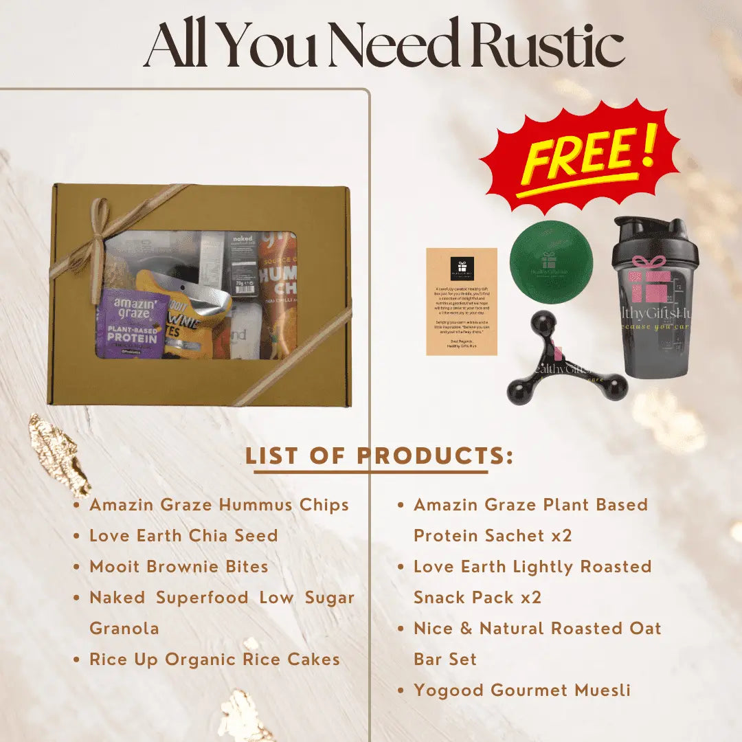 Contents of rustic gift box with healthy snacks and treats